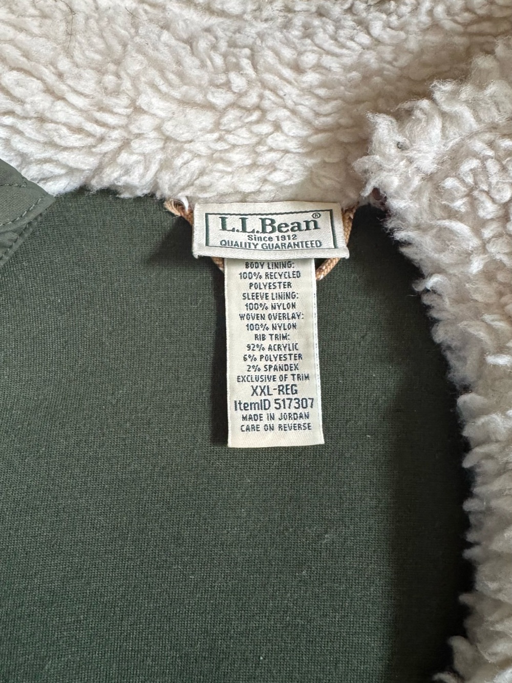 L.L. Bean Cream Sherpa Jacket with Olive Interior - Picture 2 of 2